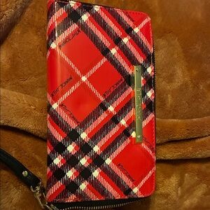 Betsey Johnson Red Black Plaid Zip Wallet with Gold Plate